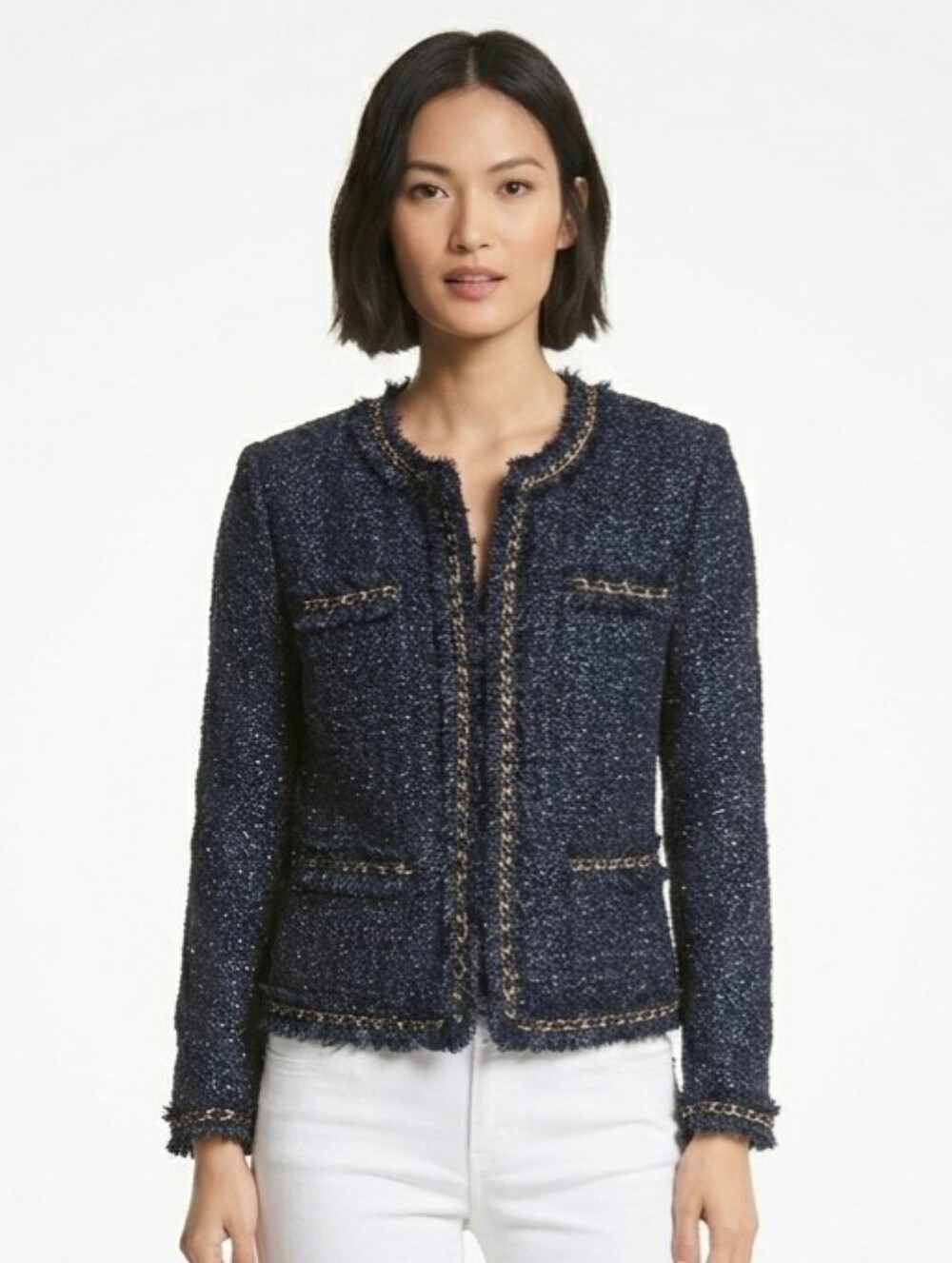 Boston Proper Navy Blue Metallic Tweed Fringe Jacket Chain Detail Size 14